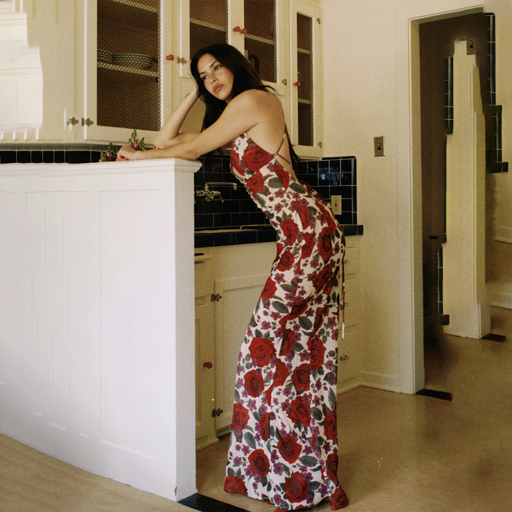 spaghetti strap sleeveless printed backless maxi dress - red