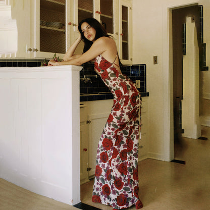 spaghetti strap sleeveless printed backless maxi dress - red