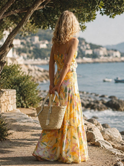 Cross-strap floral print cutout maxi dress - yellow