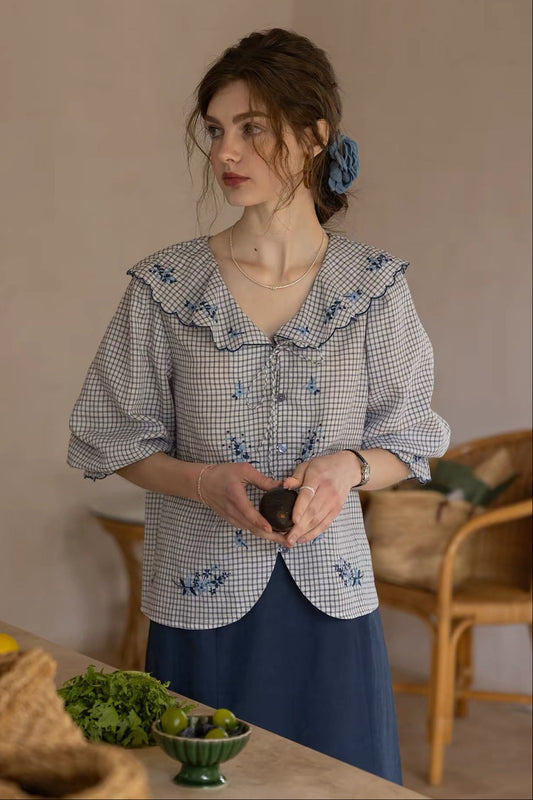 Blue floral embroidery lotus leaf collar lace-up shirt