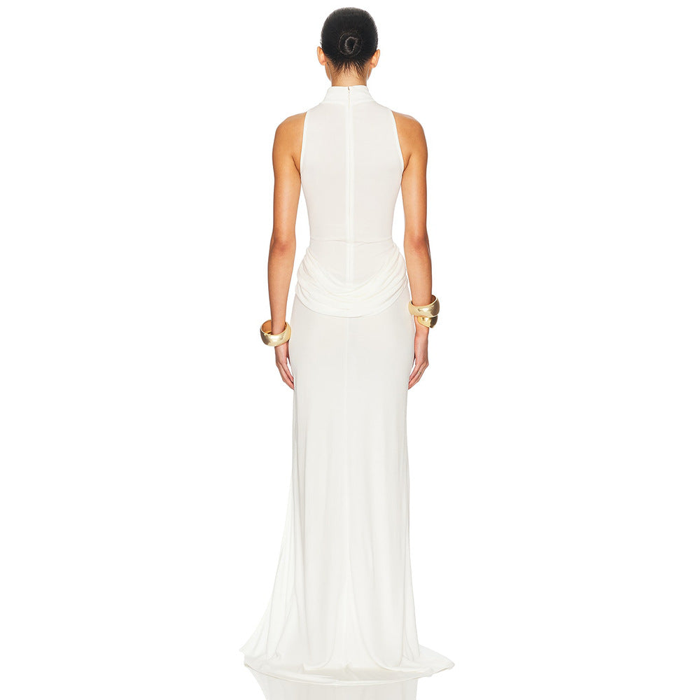 white high slit sleeveless pleated dress