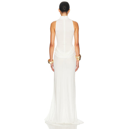 white high slit sleeveless pleated dress