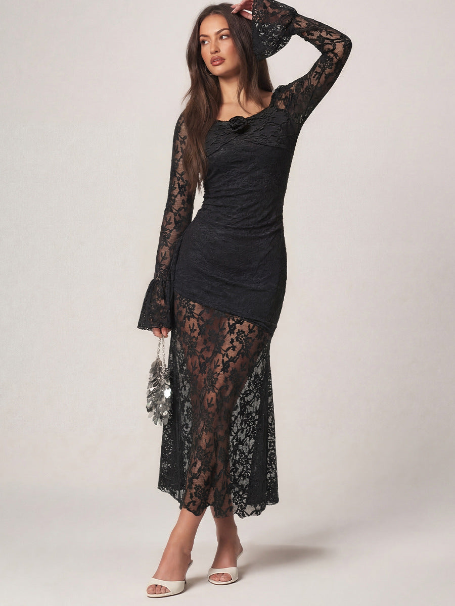 black lace long sleeve maxi dress
