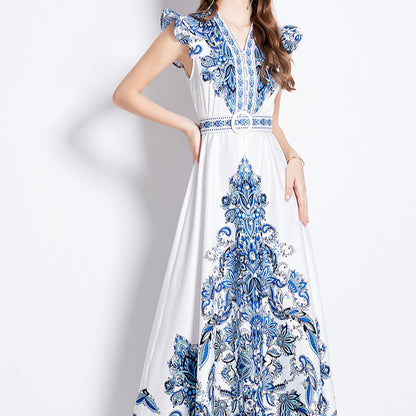 Printed V-neck lantern sleeve single-breasted dress