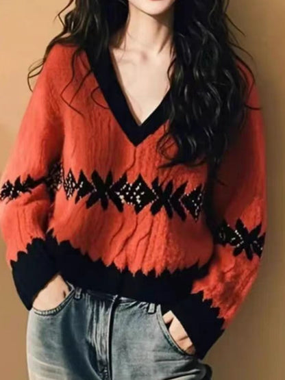 V-neck Color-block Jacquard Sweater