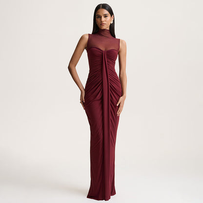 red wine mesh high neck sleeveless splicing pleated dress