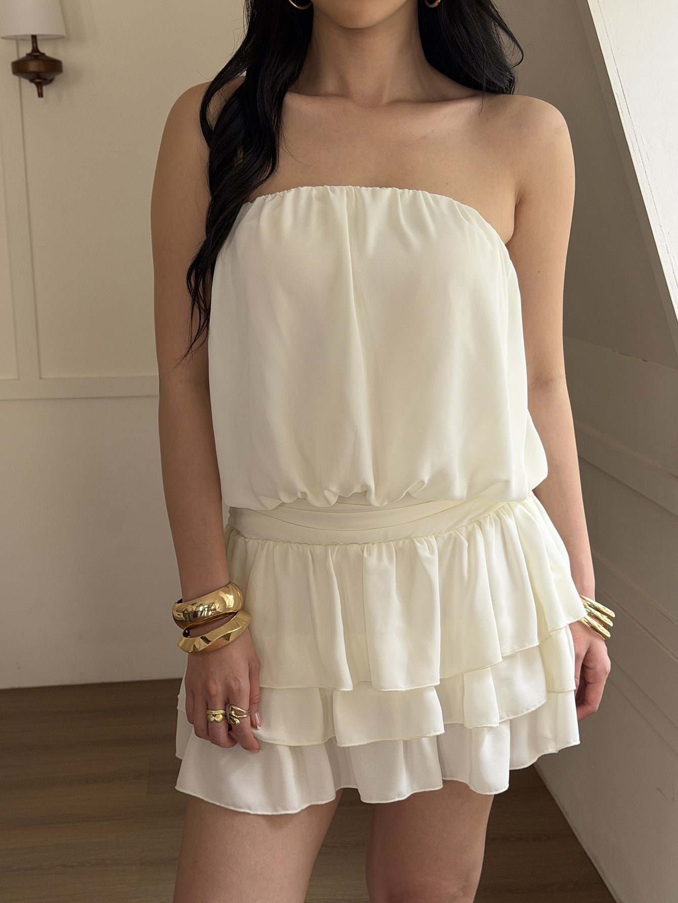 white cascading ruffle mini dress