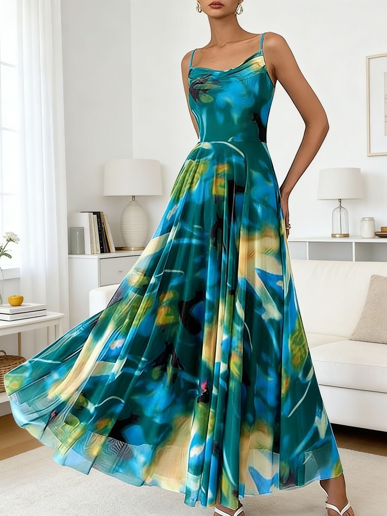 Swing Collar Strap Printed Chiffon Large Hem Waist-Cinching Dress