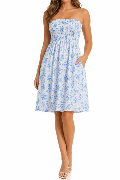 Beach-print strapless midi dress in pale blue