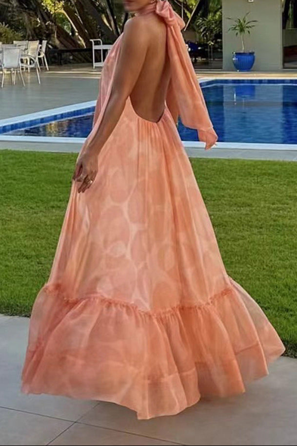 Backless halter neck sleeveless full skirt ruffle dress