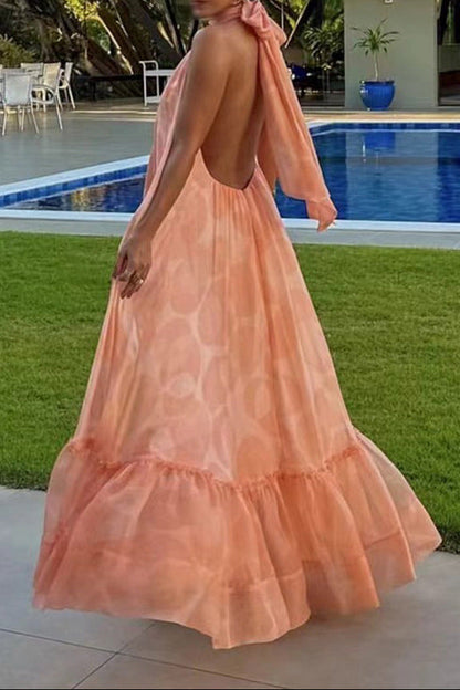 Backless halter neck sleeveless full skirt ruffle dress