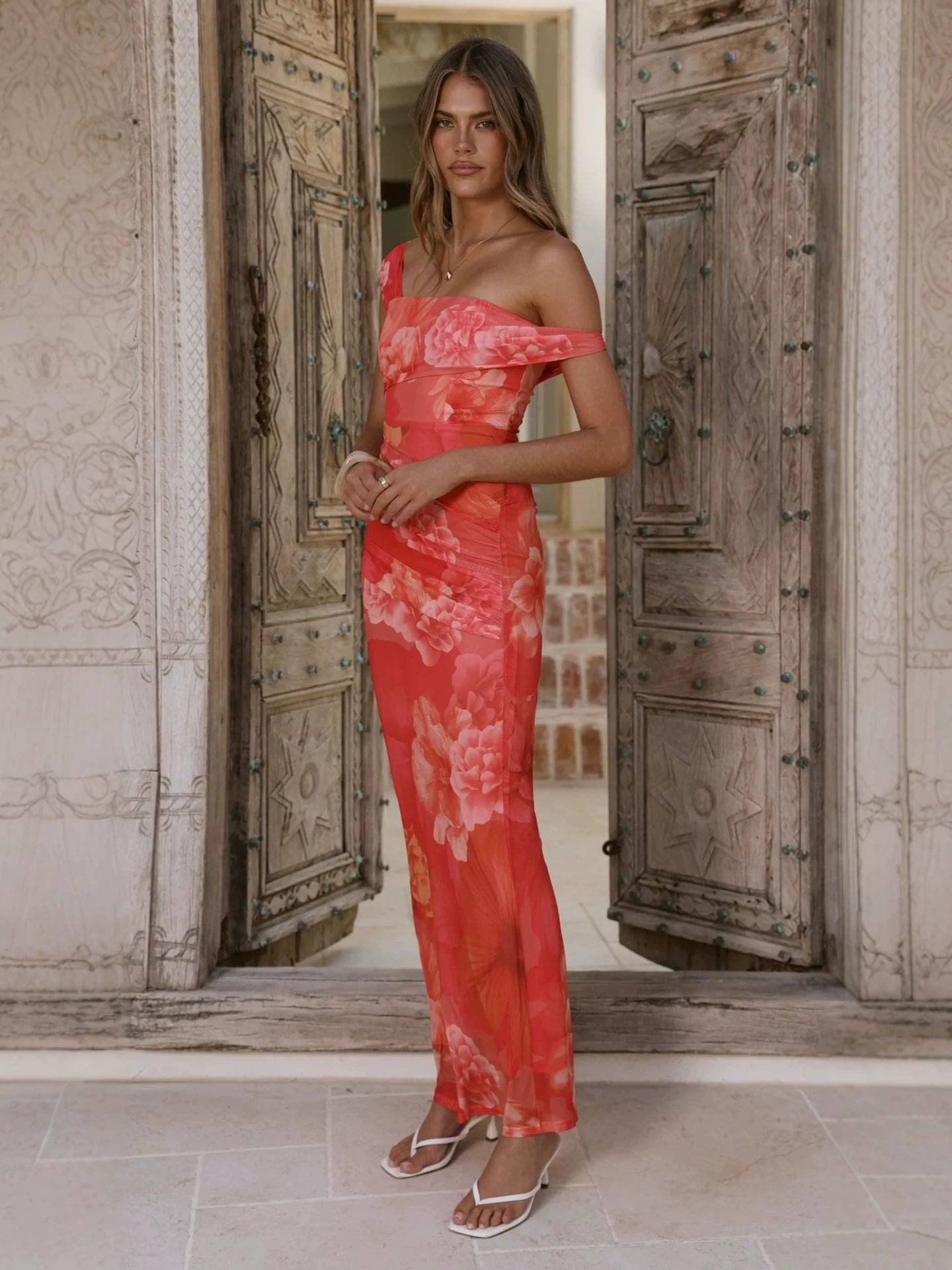 Off-shoulder floral print mesh bodycon maxi dress