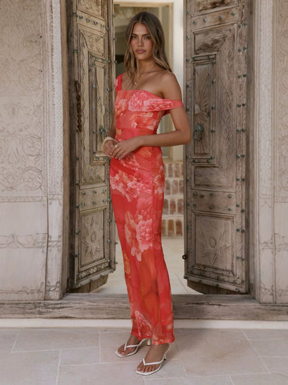 Off-shoulder floral print mesh bodycon maxi dress