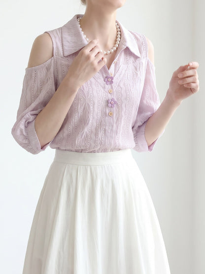 Cold Shoulder Collared Eyelet Blouse With 3D Floral Buttons