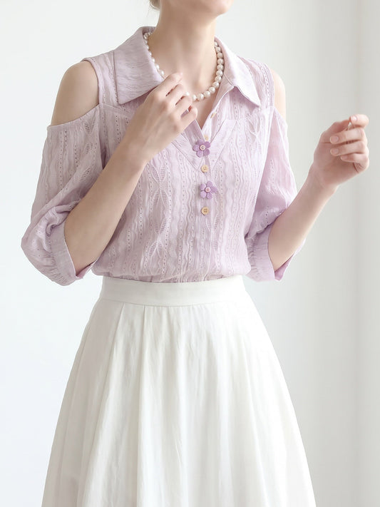 Cold Shoulder Collared Eyelet Blouse With 3D Floral Buttons