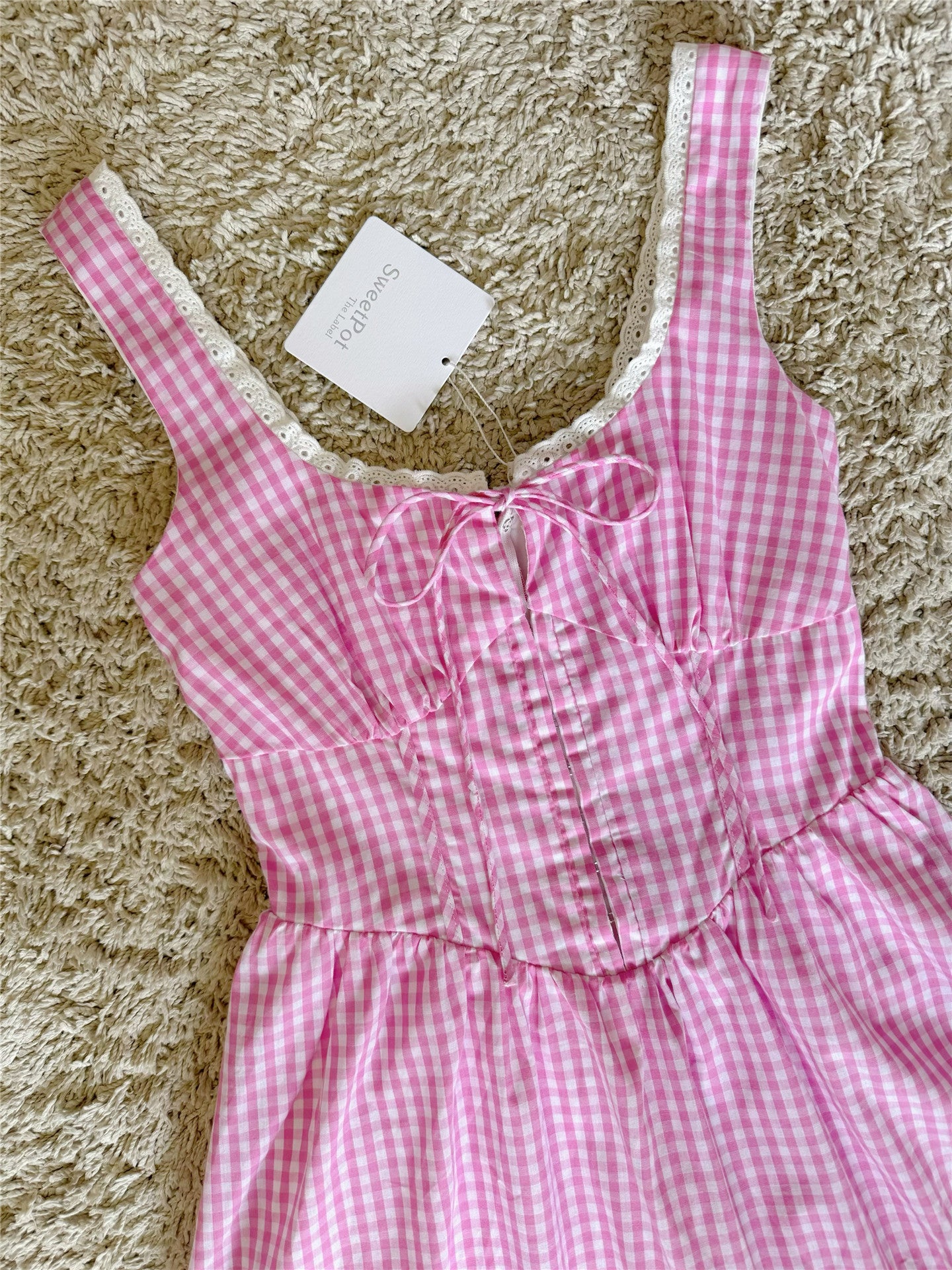 plaid wave lace tie waist-cinching cotton dress