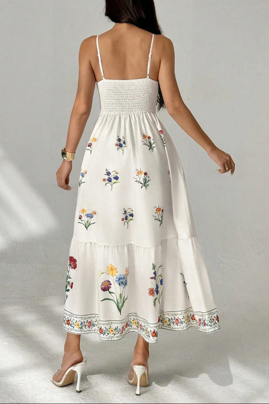 White Multi-Colored Wildflower Print Spaghetti Strap Tiered Midi Dress