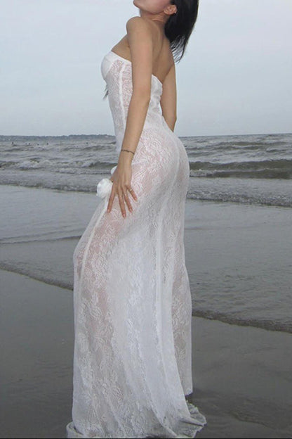 letitia white Lace strapless 3D floral mermaid dress