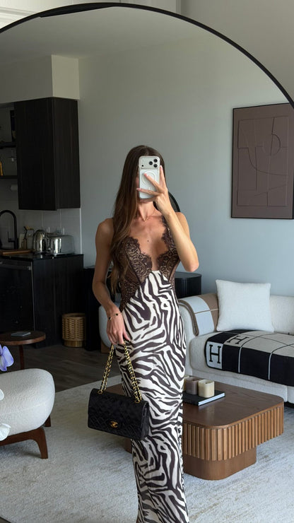 Zebra-print lace-panelled slit camisole maxi dress