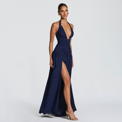 navy halterneck slim back dress