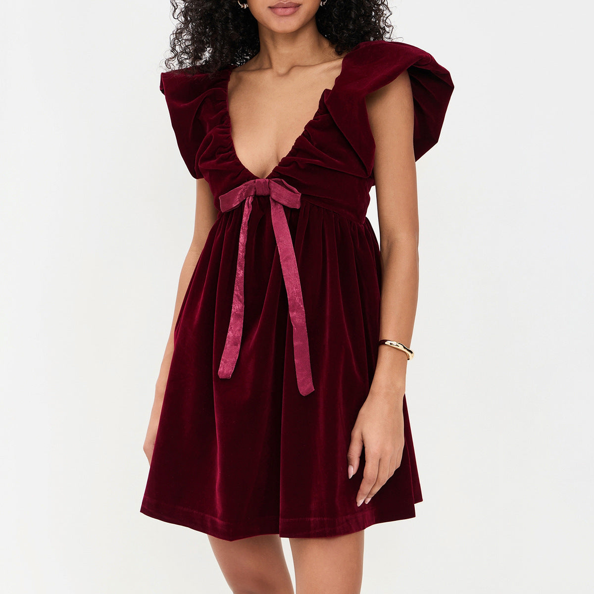 red V-neck bow gold velvet dress