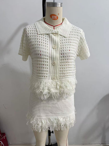 Cross-border European and American clothing AliExpress INS fringed short-sleeved knitted jacket + high-waisted miniskirt set