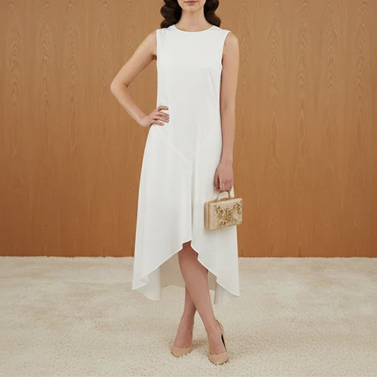 white crew neck sleeveless irregular dress