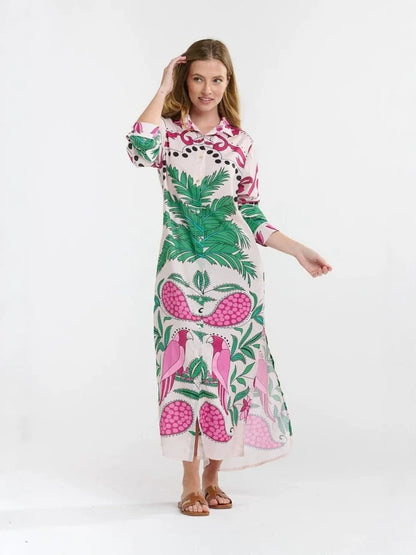 Parrot Palm Print Loose Shirt maxi Dress