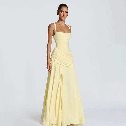 yellow low-cut camisole open back mermaid dress