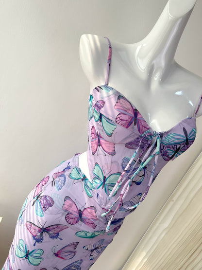 butterfly suspender mesh print fishbone skirt set