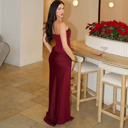 red bandeau backless pleated satin dress