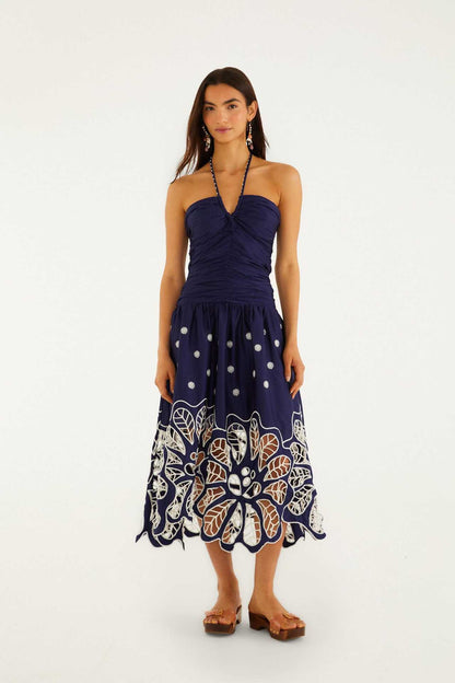 Printed halter-neck hollow midi dress - navy blue