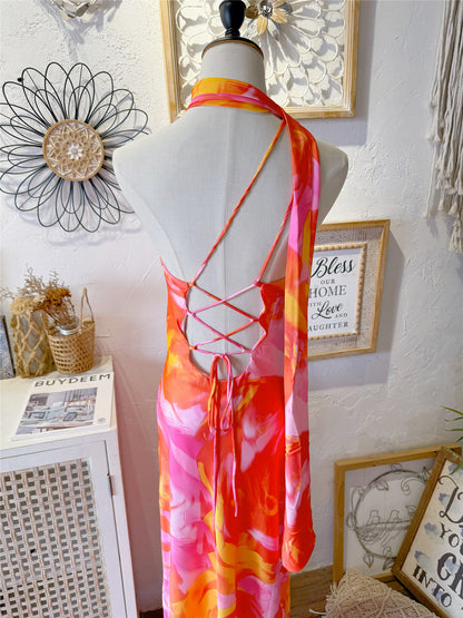 ribbon satin silky lace-up backless dress