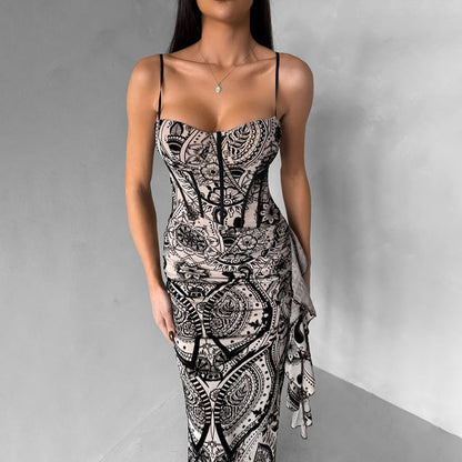 white Suspender Chest Wrap Waist Backless Dress