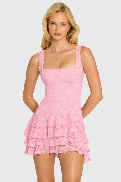 Square-neck sequin lace mini dress with tiered ruffle straps