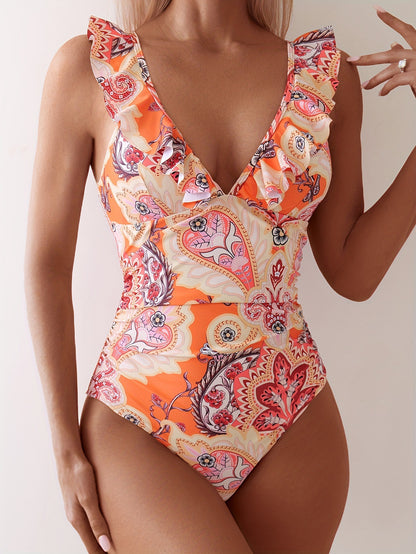 v-neck floral print ruffle bikini