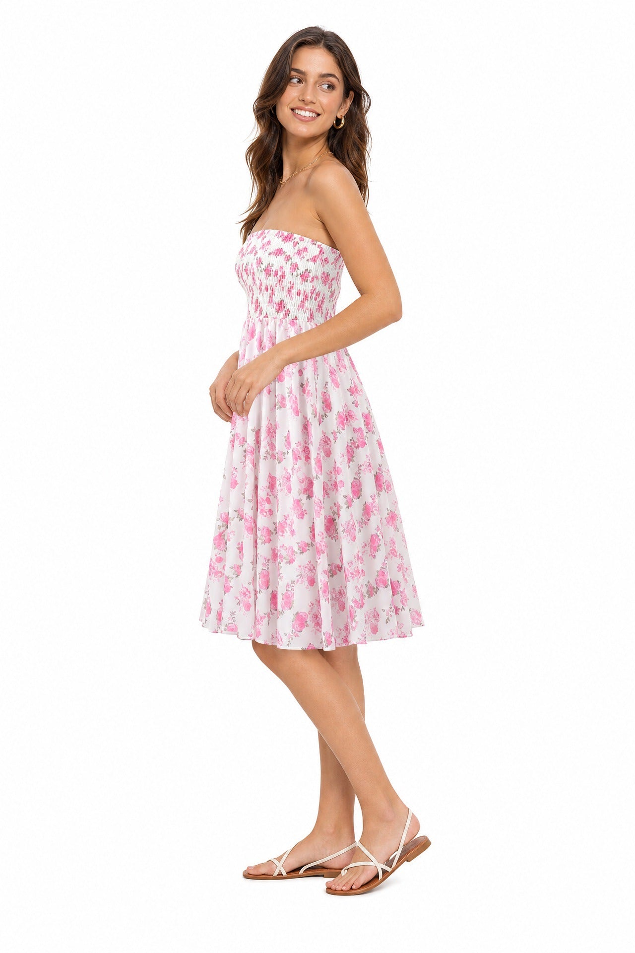 Beach-print strapless midi dress in pink