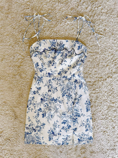 floral side slit lace-up mini dress