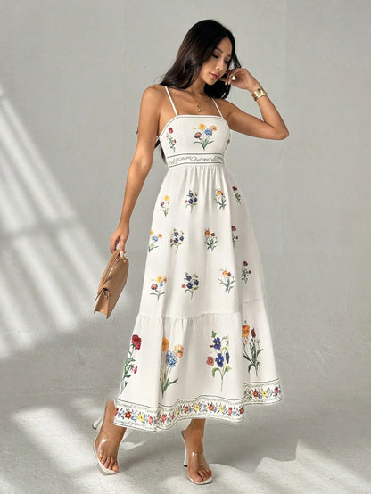 white Suspender Print Waist Open Back dress