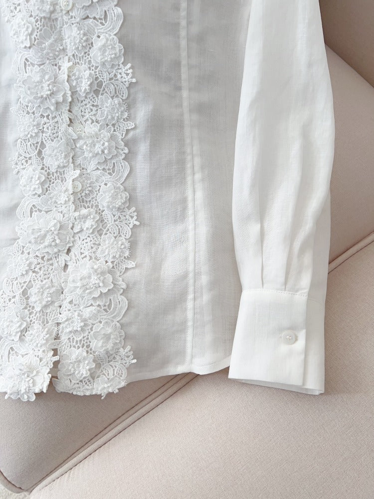 Lace Embroidery V-Neck Ramie Shirt