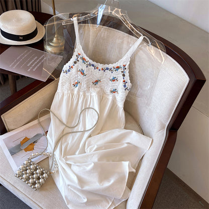 Hollow-out embroidered camisole midi dress