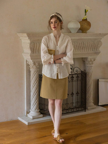 Linen jacquard V-neck rope embroidery shirt