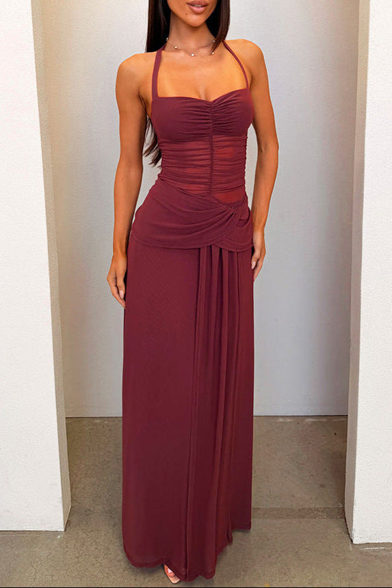 red wine low-cut halterneck dress