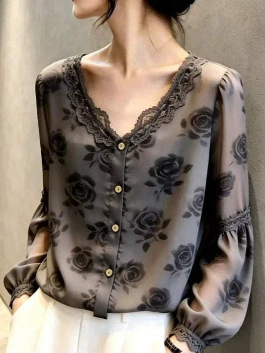 V-neck Printed Lantern-sleeve Shirt