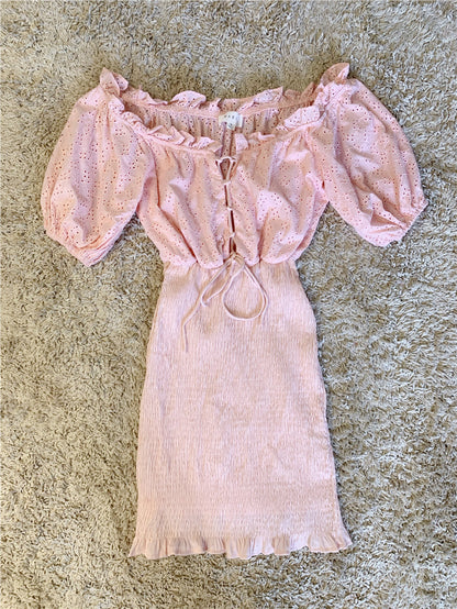 Crochet Cut-out Fungus Lace Lantern Sleeves Hip Wrap Dress