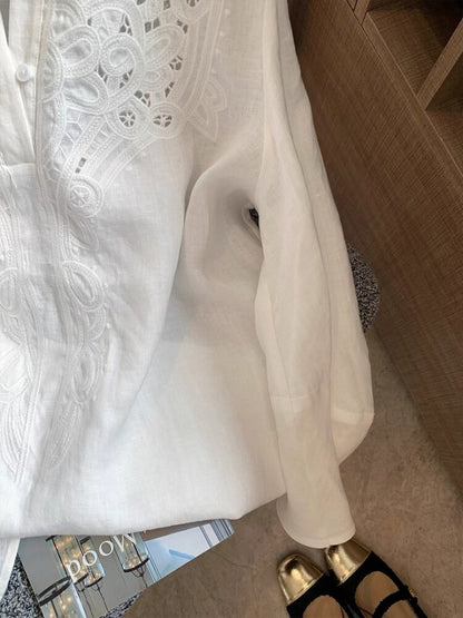 white linen long-sleeve hollow-out embroidered V-neck top