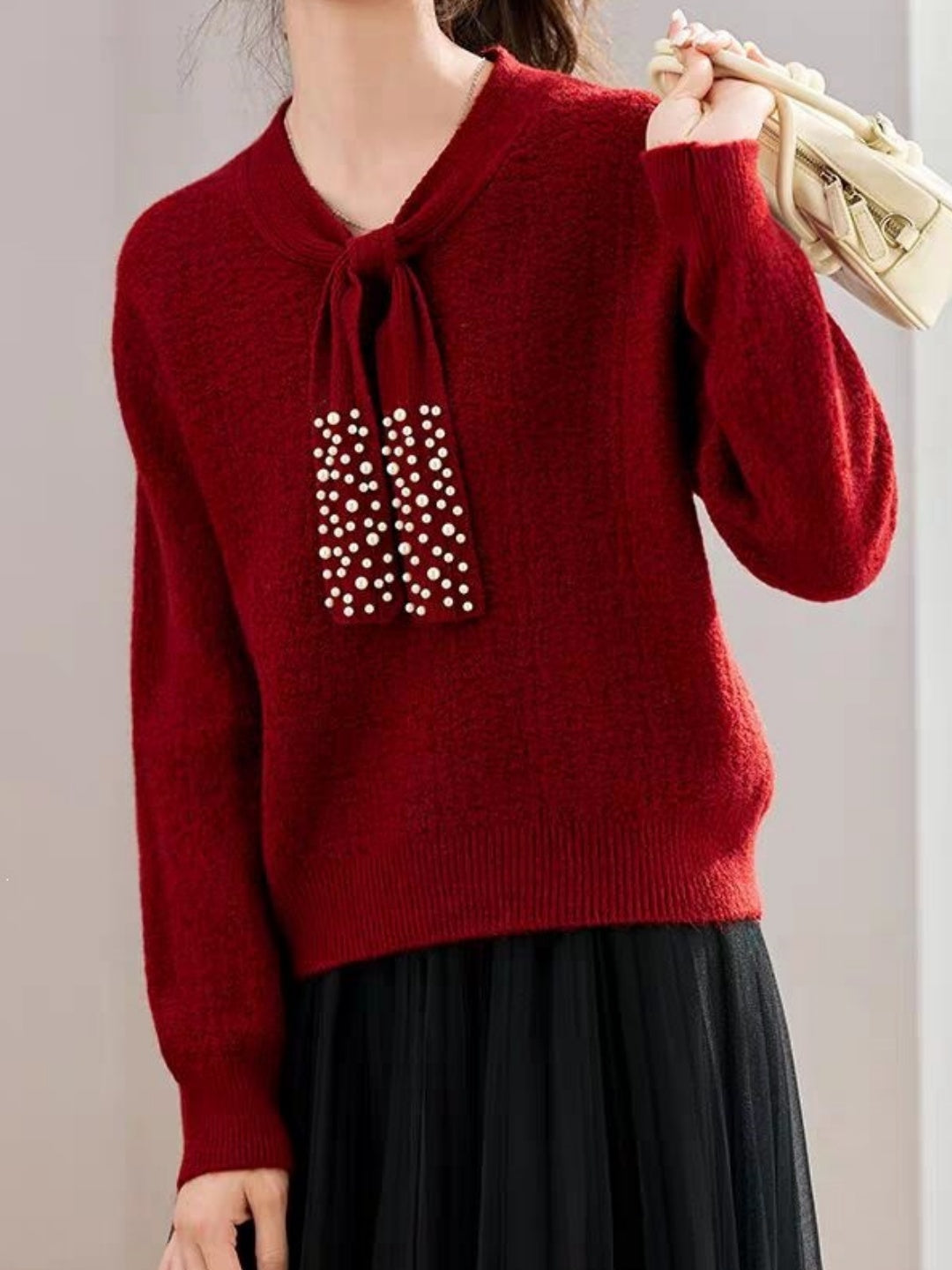 Textured Beaded Red Sweater