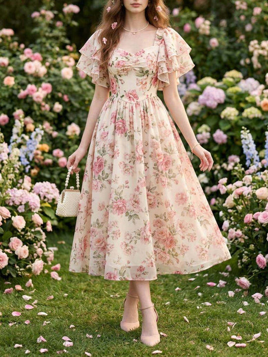 Square neck puff sleeve floral print midi dress