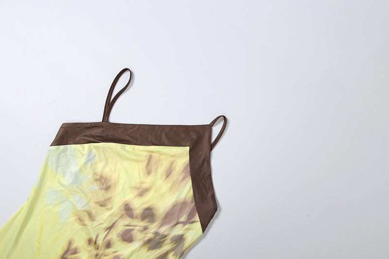 Printed Backless Cami midi Dress in yellow