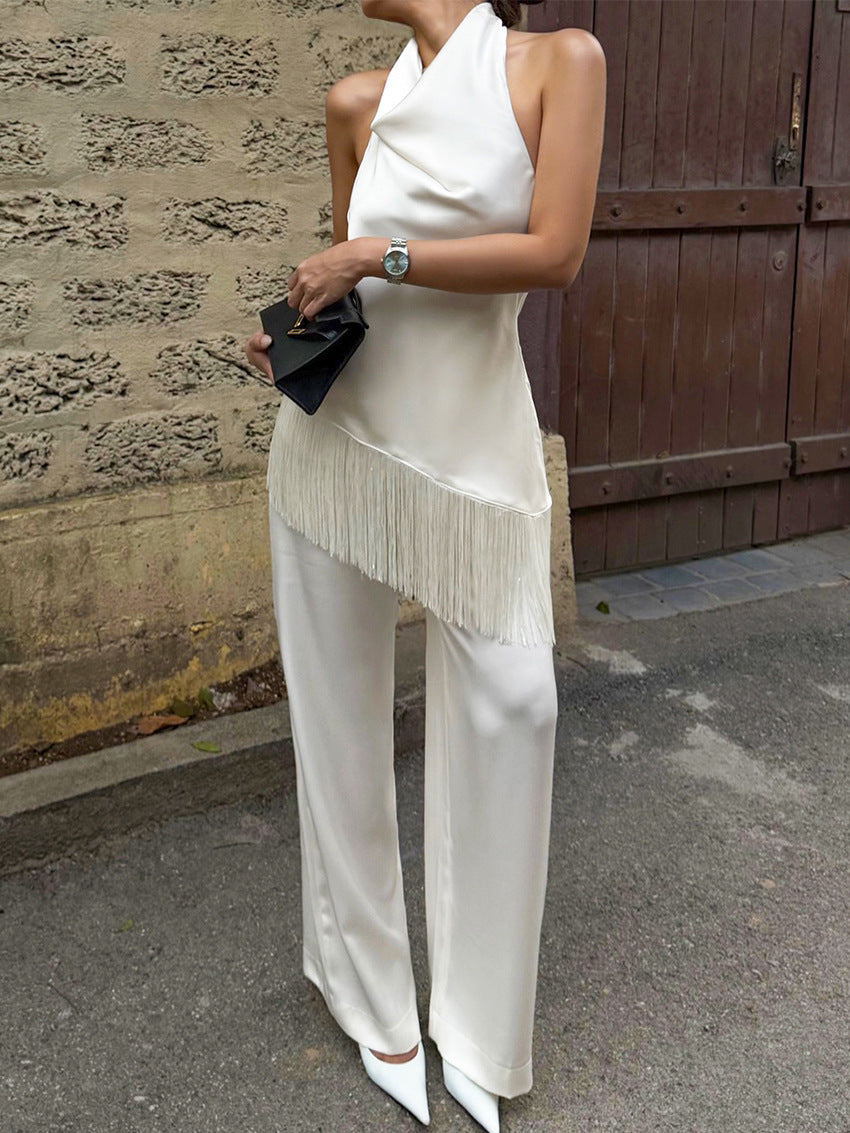 white Asymmetrical tassel halter neck tank top two-piece set